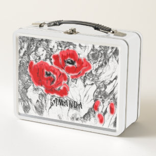 Lunch Box Stylo dessiné à la main des pavots rouges fleurs f