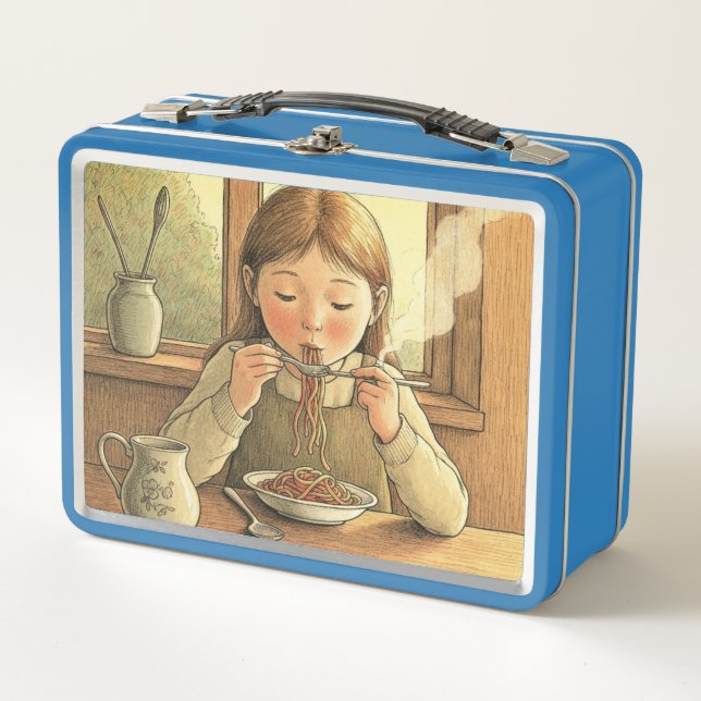 Lunch Box Sweet Modest Design – Jewish Girl Eating Pasta (Devant)
