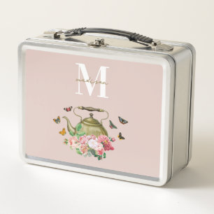 Lunch Box Teapot Party rose Floral & Papillons Monogramme