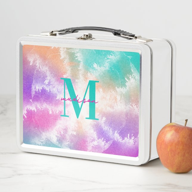Lunch Box Tie Dye Pastel Rose Orange Turquoise Violet Monogr (En situation)