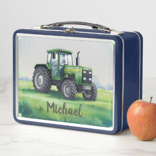 Lunch Box Tracteur vert personnalisé ferme aquarelle enfants