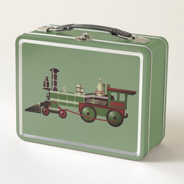 Lunch Box Train à vapeur rouge et vert vintage  (Devant)