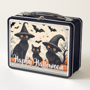 Lunch Box Trois chats noirs avec des chapeaux à Halloween