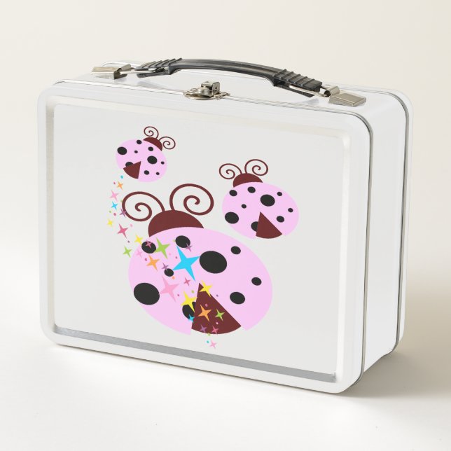 Lunch Box Trois coccinelle rose et noire avec étoiles (Devant)