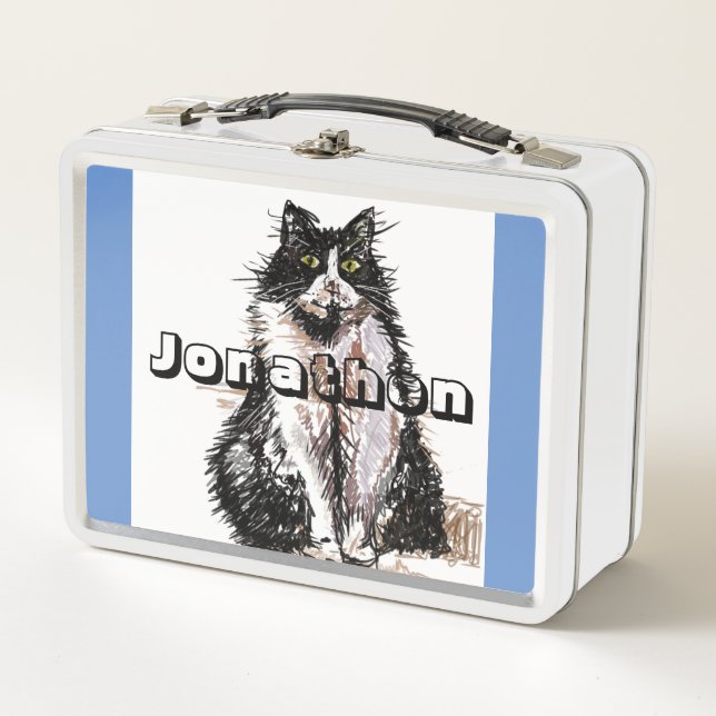 Lunch Box Tuxedo Chat noir blanc mignonne Enfants Nom Boîte  (Devant)