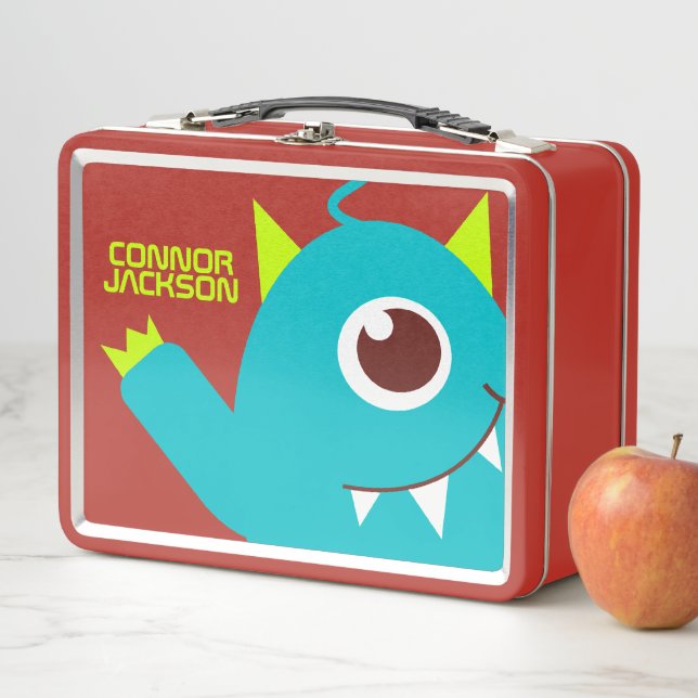 Lunch Box Un oeil alien monstre bleu enfant nom boîte à déje (En situation)