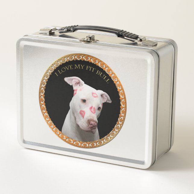Lunch Box Un pitbull blanc avec des baisers rouges partout s (Devant)