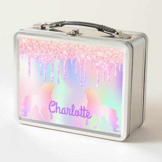 Lunch Box Unicorn rose parties scintillant gouttes brillant  (Devant)