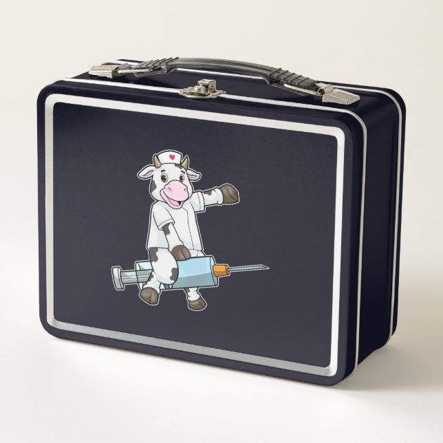 Lunch Box Vache comme infirmière avec coeur et seringue (Devant)