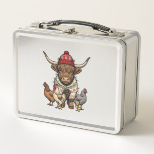 Lunch Box Vache Highland et poulets de Noël Gravure Vintage