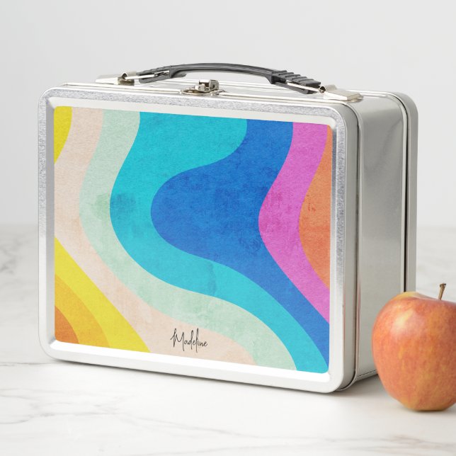 Lunch Box Vagues rétro colorées Nom personnalisé (En situation)