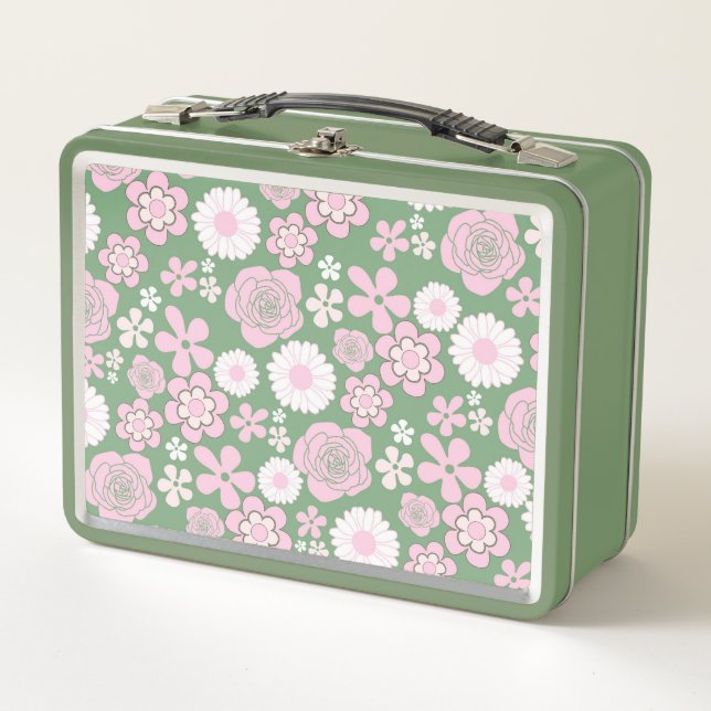 Lunch Box Vert rose blanc rétro Y2K les années 70 Fleur Moti (Devant)