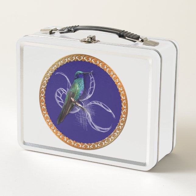 Lunch Box Vert turquoise et bleu avec colibri violet (Devant)