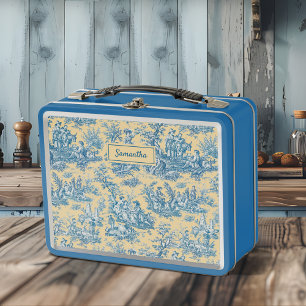 Lunch Box Vintage turquoise jaune toile de jouy imprimé