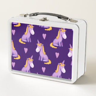 Lunch Box Violet Unicorns Hearts Aquarelle Motif.