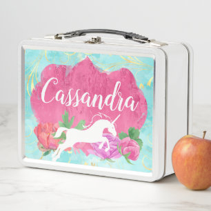 Lunch Box Watercolor Flower Unicorn Pink Blue Girls