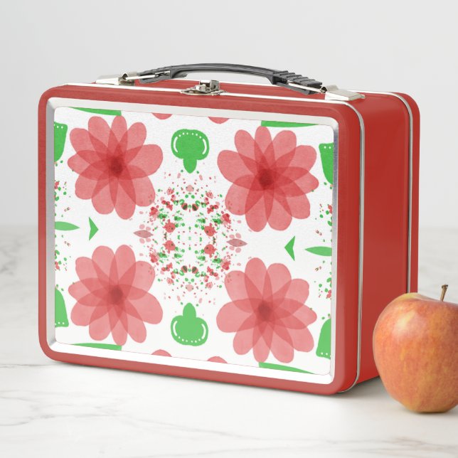 Lunch Box Whimsical Red Flowers Green Leaves On White Art (En situation)