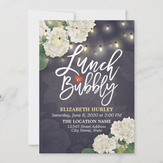 Lunch & Bubbly Bridal Shower Flowers String Lights Invitation (Front)