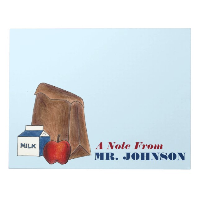 Lunch Lady or Teacher Gift Brown Bag Apple Milk Notepad (Front)