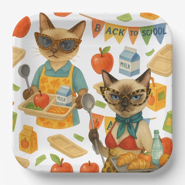 Lunch Lady Serving food  for Cat Lovers Cafeteria  Paper Plate (Front)
