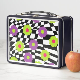 Lunchbox en métal avec rétro Checkers et Fleurs