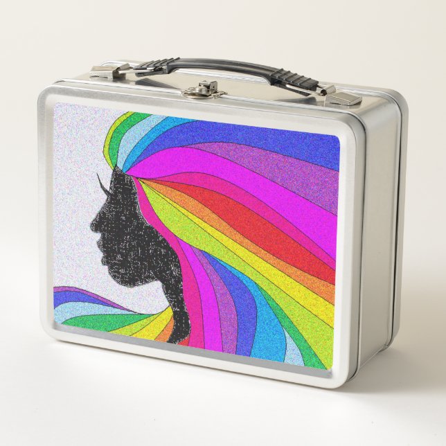 Lunchbox Rétro Avec Femme Aux Cheveux Arc En Ciel (Devant)