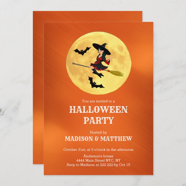 Lune Avec Invitation Sorcière Et Chauve-Feu (Devant / Derrière)