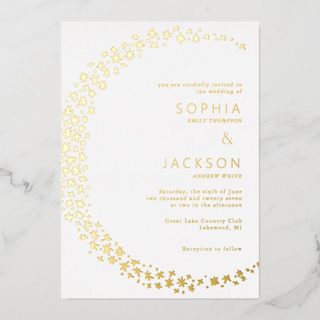 Lune des étoiles Mariage blanc Foil Invitation (Recto)