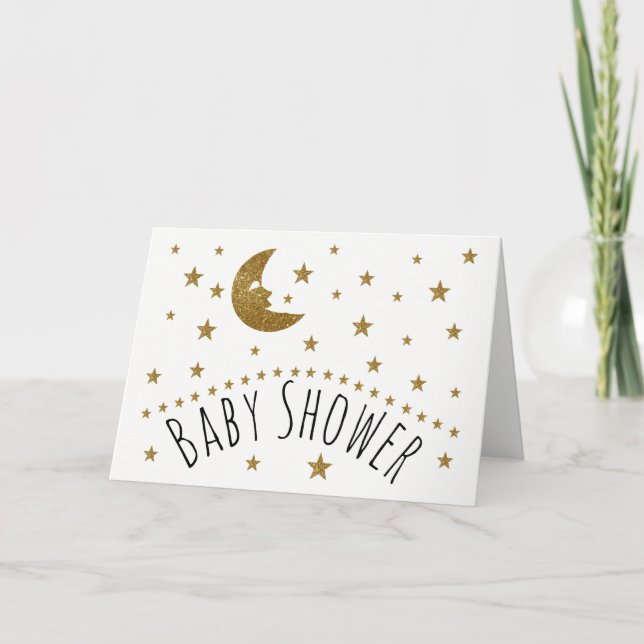 Lune d'or et invitation de baby shower d'étoiles (Devant)