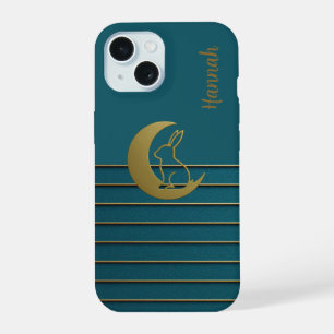 Lune d'or et lapin sur le téléphone Turquoise