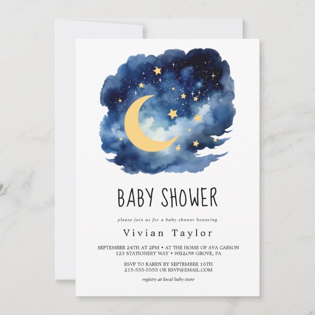 Lune et étoiles | Invitation Baby shower garçon (Devant)