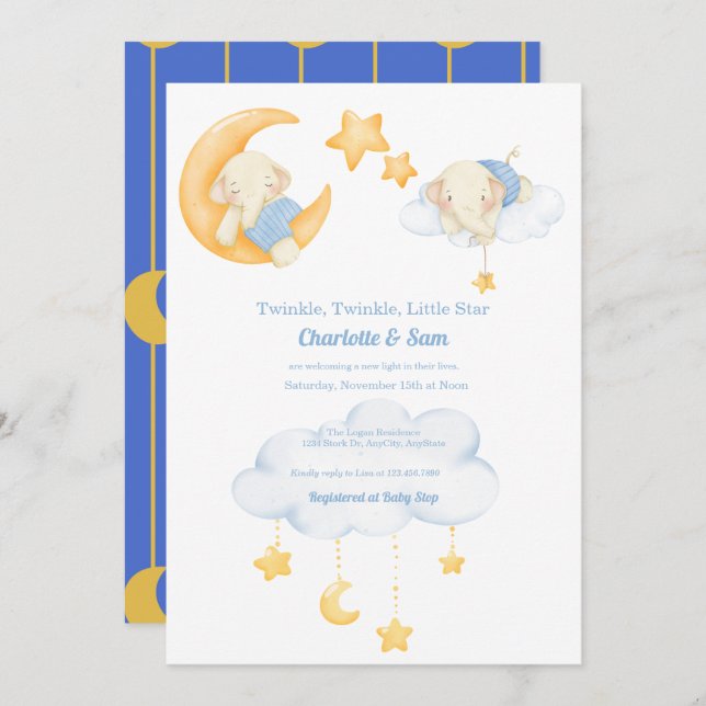 Lune et étoiles | Invitations de douche bébé éléph (Devant / Derrière)