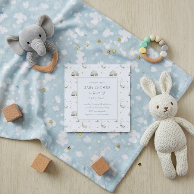 Lune et nuages unisex invitation baby shower (Moon and clouds unisex baby shower invitation.)