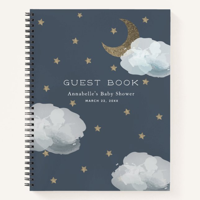 Lune, étoiles et nuages Marine Baby shower Livre d (Devant)