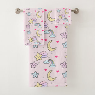 Lune, étoiles et nuages Motif sur Pastel Pink