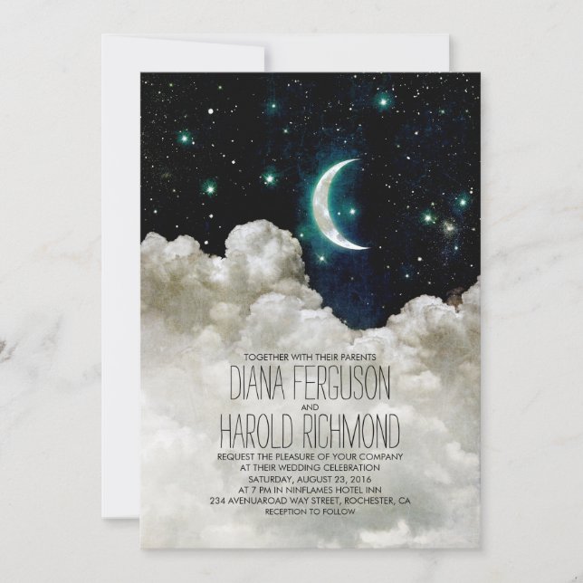 Lune romantique et étoiles Nuit Mariage Invitation (Devant)