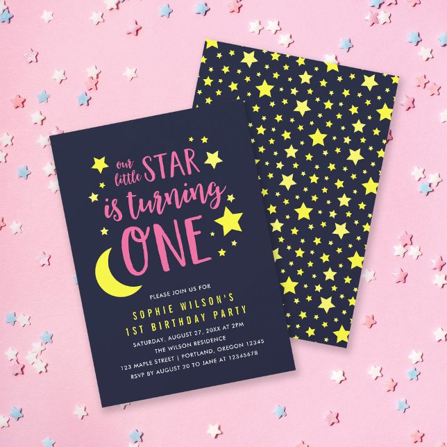 Lune rose et étoiles 1er anniversaire Invitation (Créateur téléchargé)