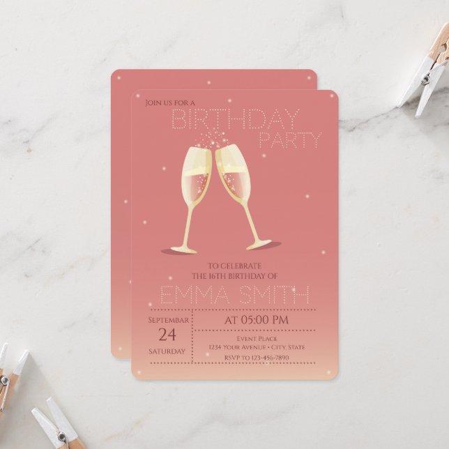 Lunettes de Champagne Invitation d'anniversaire (Devant/Arrière en situation)