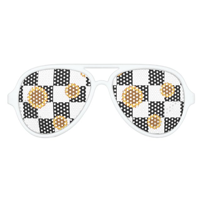 Lunettes De Fête Aviateur À damiers et tournesol noir et blanc (Devant)