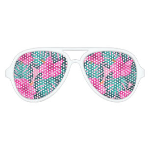 Lunettes De Fête Aviateur Monstera feuilles et Hibiscus Turquoise et rose su