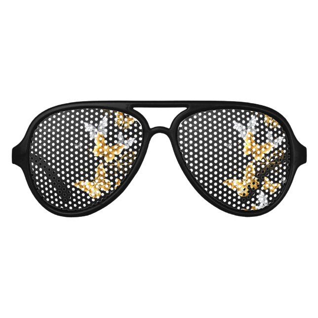 Lunettes De Fête Aviateur Papillons blancs et dorés (Devant)