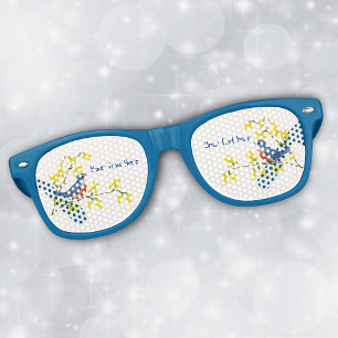 Lunettes De Fête Retro Petits oiseaux mignons en Branche avec Fleurs Jaun