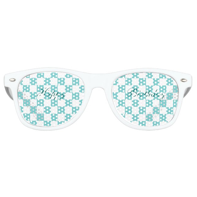 Lunettes De Fête Retro Turquoise Sky Checkerboard Joyeux anniversaire (Devant)