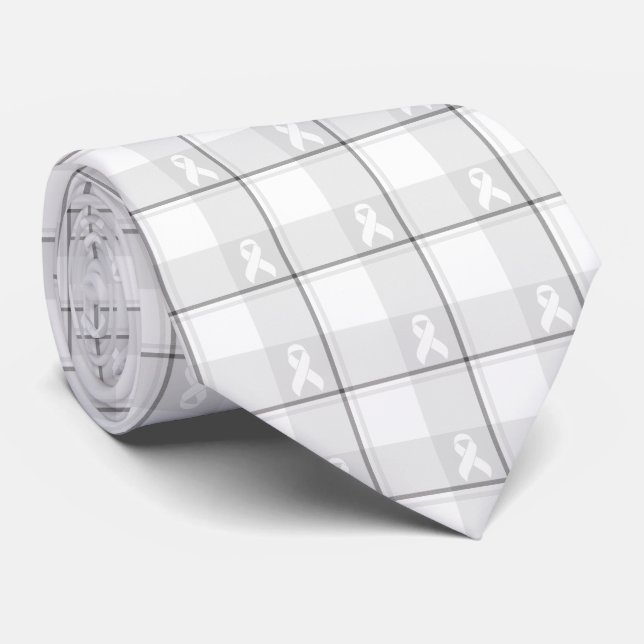 Lung Cancer Awareness Plaid White Ribbon Tie (Rolled)