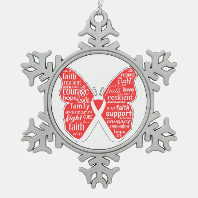 Lung Cancer Butterfly Collage of Words Snowflake Pewter Christmas Ornament (Front)