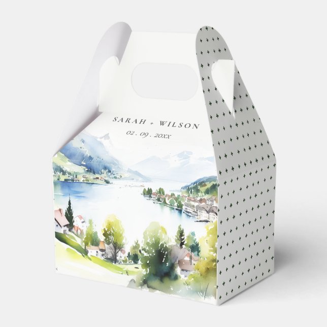 Lungern Switzerland Watercolor Landscape Wedding Favor Box (Front Side)