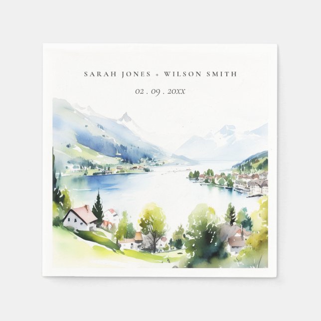 Lungern Switzerland Watercolor Landscape Wedding Napkin (Front)