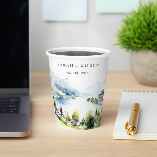 Lungern Switzerland Watercolor Landscape Wedding Paper Cups (Insitu)