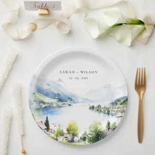 Lungern Switzerland Watercolor Landscape Wedding Paper Plate