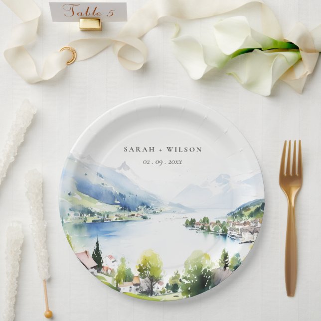 Lungern Switzerland Watercolor Landscape Wedding Paper Plate (Wedding)